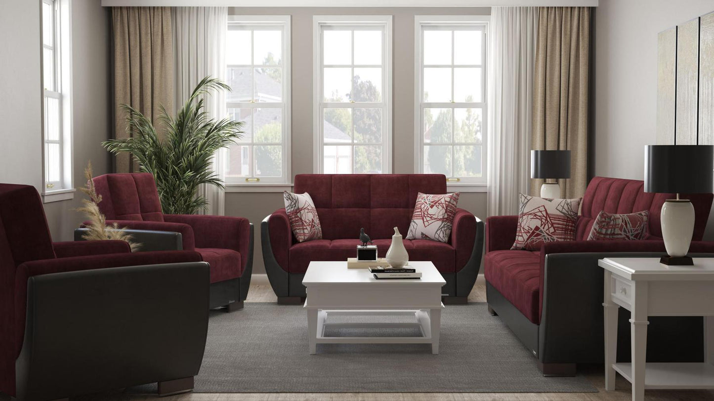 Modern design, Beaujolais, Black , Microfiber, Artificial Leather upholstered convertible Armchair with underseat storage from Voyage Shelter by Ottomanson in living room lifestyle setting with the matching furniture set. This Armchair measures 42 inches width by 36 inches depth by 41 inches height.