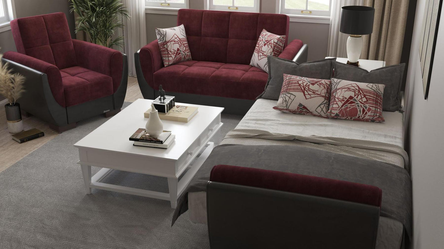 Modern design, Beaujolais, Black , Microfiber, Artificial Leather upholstered convertible Armchair with underseat storage from Voyage Shelter by Ottomanson in living room lifestyle setting converted to sleeper. This Armchair measures 42 inches width by 36 inches depth by 41 inches height.