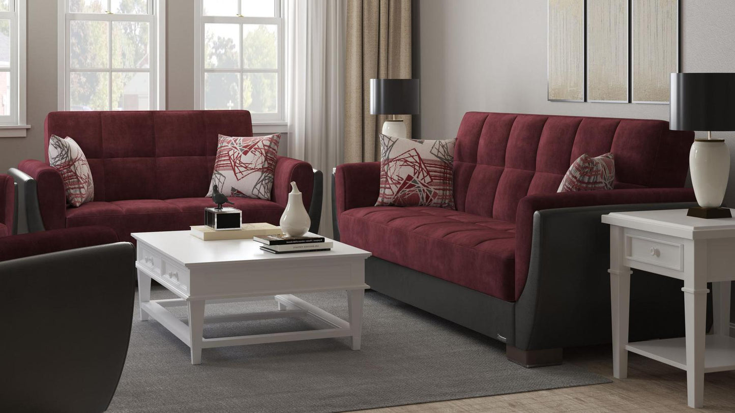 Modern design, Beaujolais, Black , Microfiber, Artificial Leather upholstered convertible sleeper Loveseat with underseat storage from Voyage Shelter by Ottomanson in living room lifestyle setting with another piece of furniture. This Loveseat measures 71 inches width by 36 inches depth by 41 inches height.