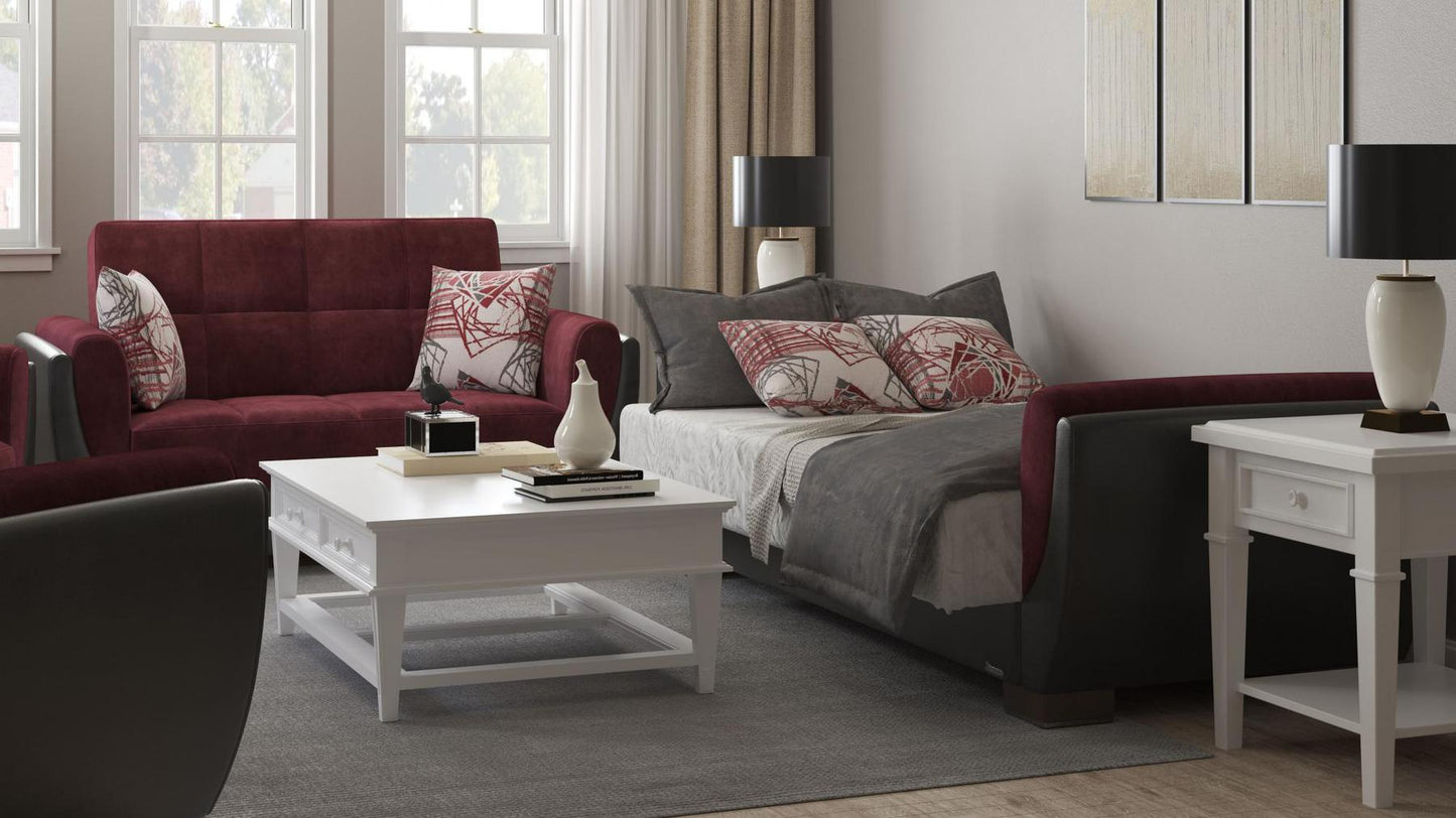 Modern design, Beaujolais, Black , Microfiber, Artificial Leather upholstered convertible sleeper Loveseat with underseat storage from Voyage Shelter by Ottomanson in living room lifestyle setting converted to sleeper. This Loveseat measures 71 inches width by 36 inches depth by 41 inches height.