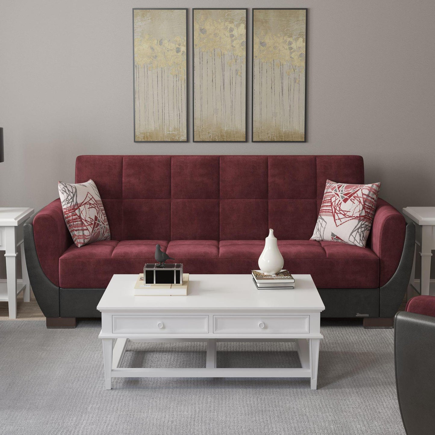 Modern design, Beaujolais, Black , Microfiber, Artificial Leather upholstered convertible sleeper Sofabed with underseat storage from Voyage Shelter by Ottomanson in living room lifestyle setting by itself. This Sofabed measures 94 inches width by 36 inches depth by 41 inches height.