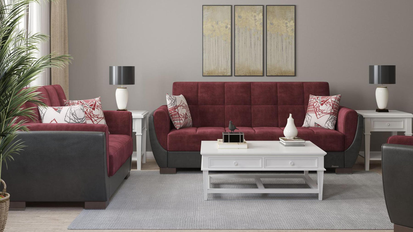 Modern design, Beaujolais, Black , Microfiber, Artificial Leather upholstered convertible sleeper Sofabed with underseat storage from Voyage Shelter by Ottomanson in living room lifestyle setting with another piece of furniture. This Sofabed measures 94 inches width by 36 inches depth by 41 inches height.