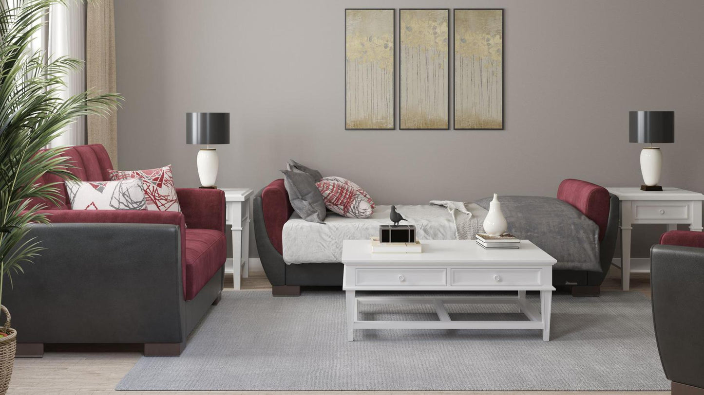 Modern design, Beaujolais, Black , Microfiber, Artificial Leather upholstered convertible sleeper Sofabed with underseat storage from Voyage Shelter by Ottomanson in living room lifestyle setting converted to sleeper. This Sofabed measures 94 inches width by 36 inches depth by 41 inches height.