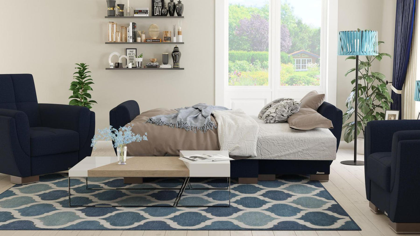 Modern design, Black Blue Denim , Chenille upholstered convertible Armchair with underseat storage from Voyage Shelter by Ottomanson in living room lifestyle setting converted to sleeper. This Armchair measures 42 inches width by 36 inches depth by 41 inches height.