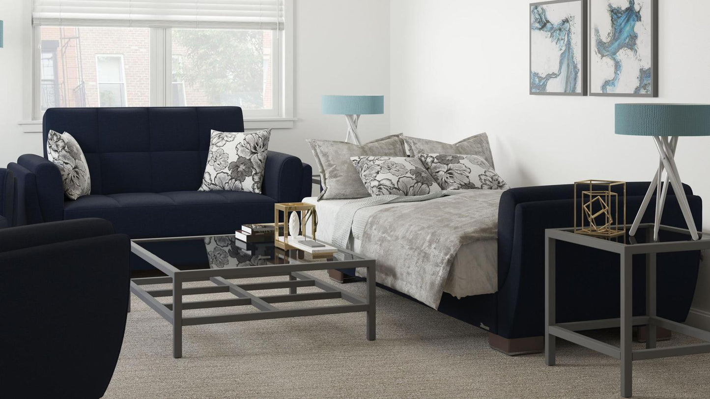 Modern design, Black Blue Denim , Chenille upholstered convertible sleeper Loveseat with underseat storage from Voyage Shelter by Ottomanson in living room lifestyle setting converted to sleeper. This Loveseat measures 71 inches width by 36 inches depth by 41 inches height.