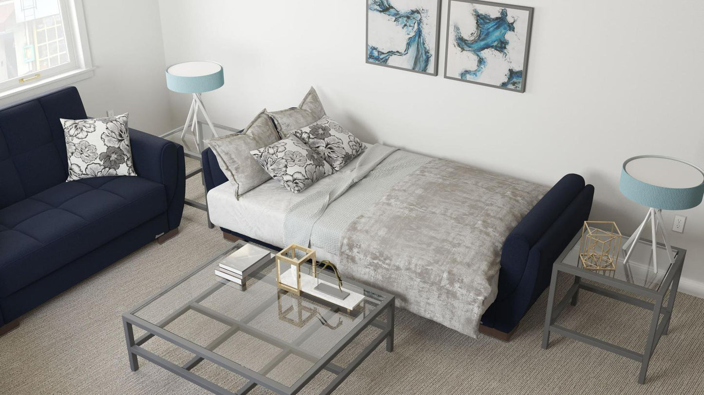 Modern design, Black Blue Denim , Chenille upholstered convertible sleeper Sofabed with underseat storage from Voyage Shelter by Ottomanson in living room lifestyle setting converted to sleeper. This Sofabed measures 94 inches width by 36 inches depth by 41 inches height.