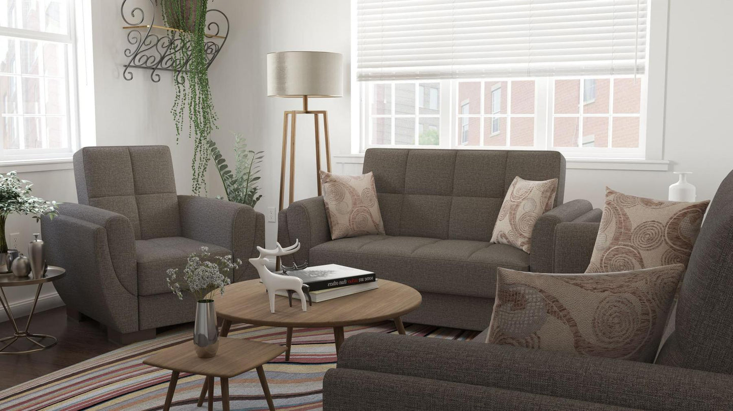 Modern design, Tannin Brown , Chenille upholstered convertible Armchair with underseat storage from Voyage Shelter by Ottomanson in living room lifestyle setting with another piece of furniture. This Armchair measures 42 inches width by 36 inches depth by 41 inches height.