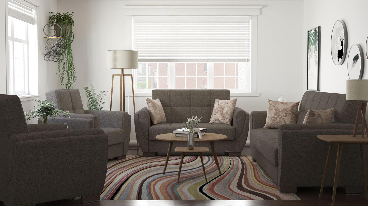 Modern design, Tannin Brown , Chenille upholstered convertible Armchair with underseat storage from Voyage Shelter by Ottomanson in living room lifestyle setting with the matching furniture set. This Armchair measures 42 inches width by 36 inches depth by 41 inches height.