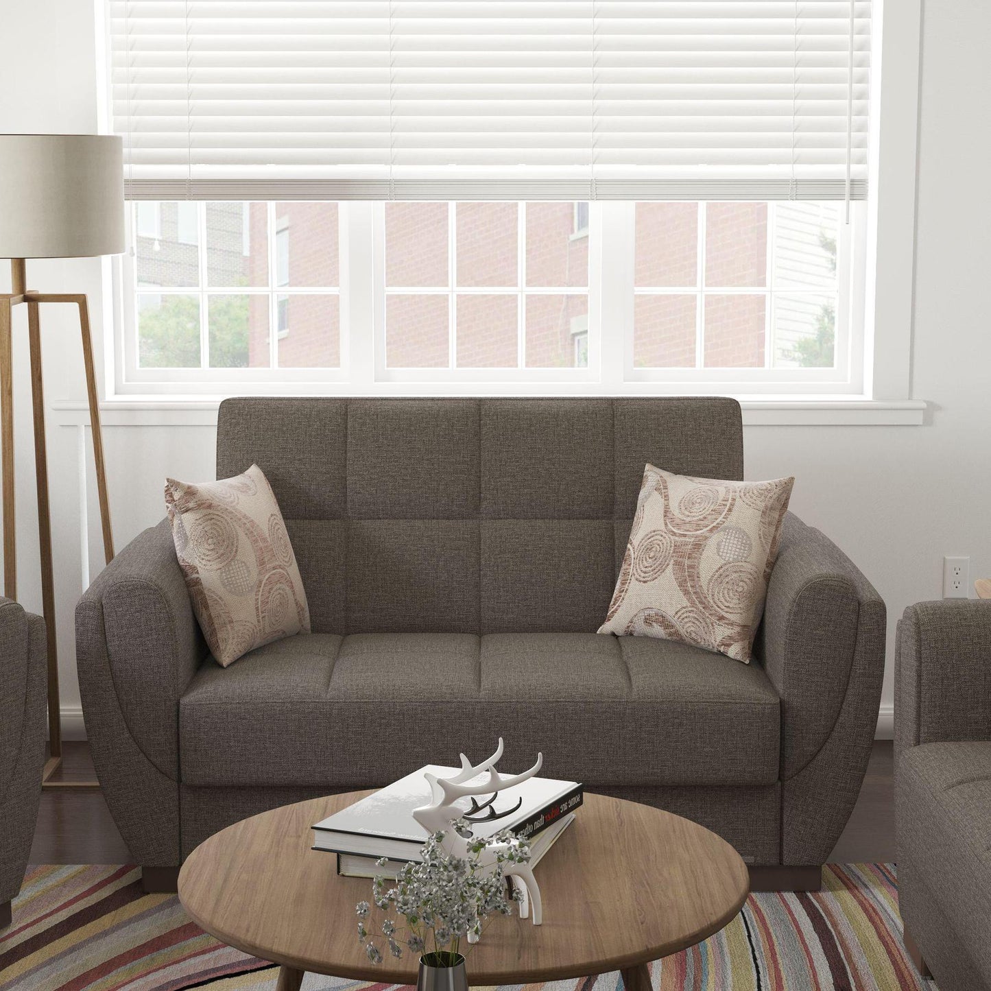 Modern design, Tannin Brown , Chenille upholstered convertible sleeper Loveseat with underseat storage from Voyage Shelter by Ottomanson in living room lifestyle setting by itself. This Loveseat measures 71 inches width by 36 inches depth by 41 inches height.