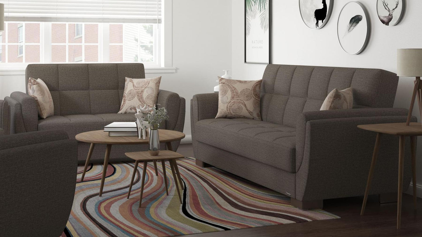 Modern design, Tannin Brown , Chenille upholstered convertible sleeper Loveseat with underseat storage from Voyage Shelter by Ottomanson in living room lifestyle setting with another piece of furniture. This Loveseat measures 71 inches width by 36 inches depth by 41 inches height.