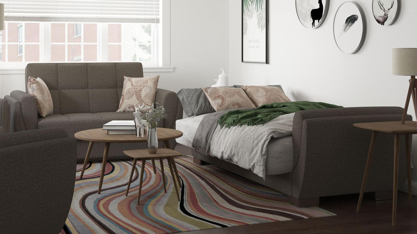 Modern design, Tannin Brown , Chenille upholstered convertible sleeper Loveseat with underseat storage from Voyage Shelter by Ottomanson in living room lifestyle setting converted to sleeper. This Loveseat measures 71 inches width by 36 inches depth by 41 inches height.