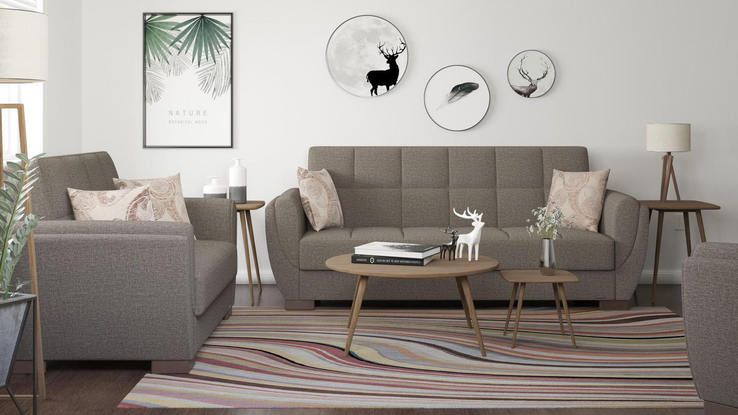 Modern design, Tannin Brown , Chenille upholstered convertible sleeper Sofabed with underseat storage from Voyage Shelter by Ottomanson in living room lifestyle setting with another piece of furniture. This Sofabed measures 94 inches width by 36 inches depth by 41 inches height.