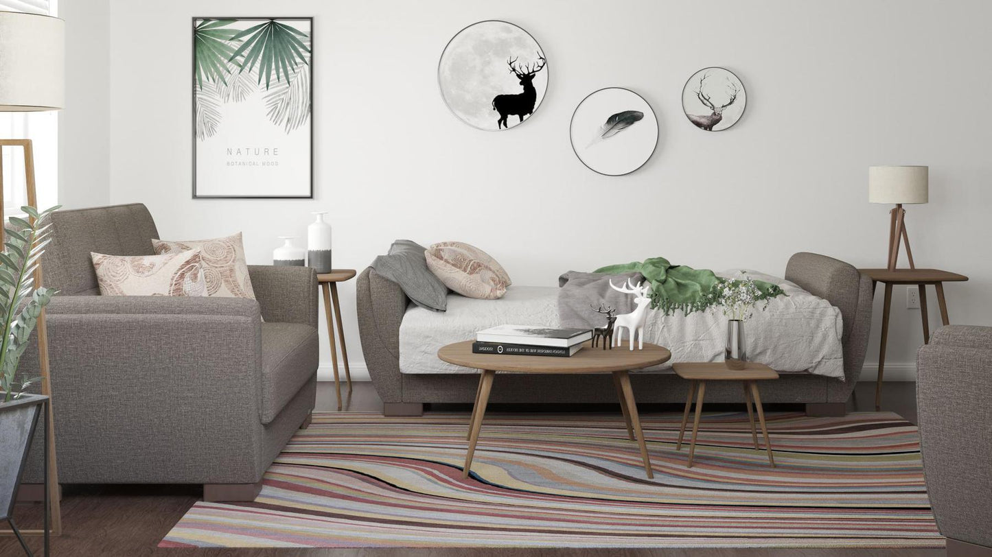 Modern design, Tannin Brown , Chenille upholstered convertible sleeper Sofabed with underseat storage from Voyage Shelter by Ottomanson in living room lifestyle setting converted to sleeper. This Sofabed measures 94 inches width by 36 inches depth by 41 inches height.