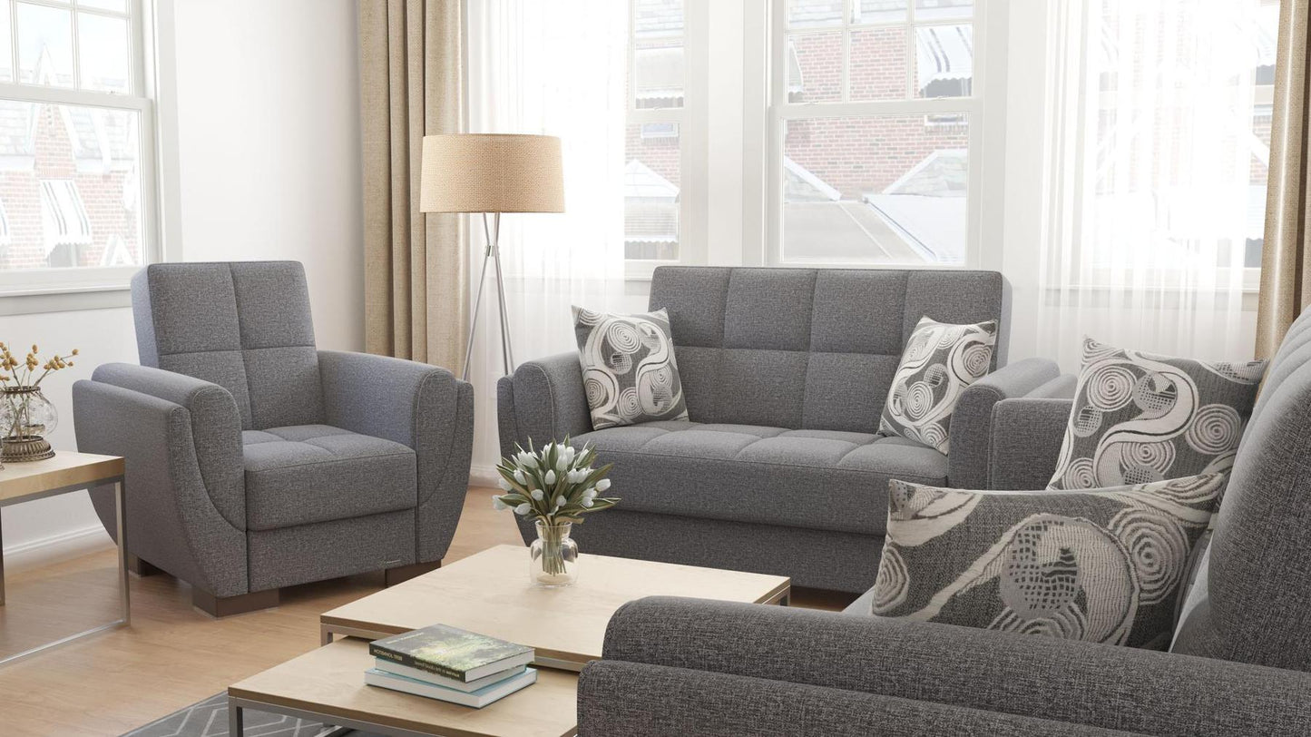 Modern design, Salt and Pepper Gray , Chenille upholstered convertible Armchair with underseat storage from Voyage Shelter by Ottomanson in living room lifestyle setting with another piece of furniture. This Armchair measures 42 inches width by 36 inches depth by 41 inches height.