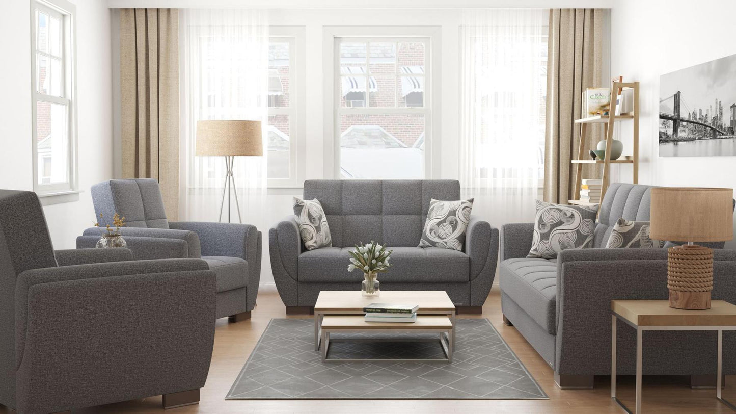 Modern design, Salt and Pepper Gray , Chenille upholstered convertible Armchair with underseat storage from Voyage Shelter by Ottomanson in living room lifestyle setting with the matching furniture set. This Armchair measures 42 inches width by 36 inches depth by 41 inches height.