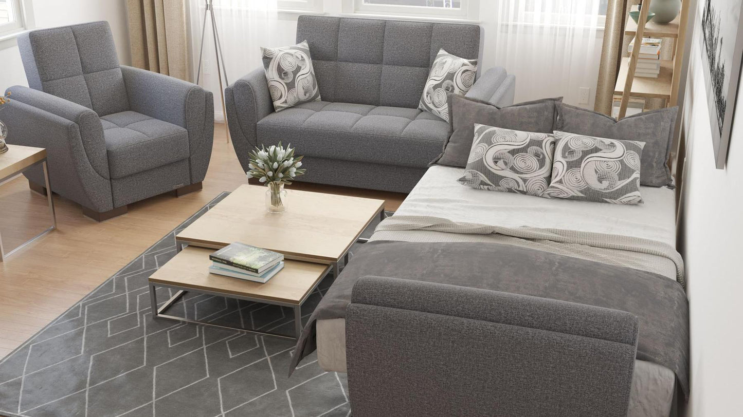 Modern design, Salt and Pepper Gray , Chenille upholstered convertible Armchair with underseat storage from Voyage Shelter by Ottomanson in living room lifestyle setting converted to sleeper. This Armchair measures 42 inches width by 36 inches depth by 41 inches height.