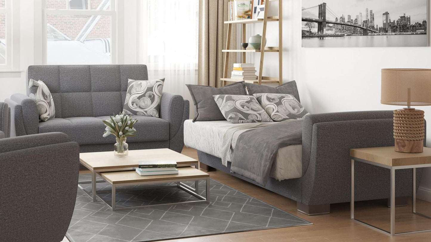 Modern design, Salt and Pepper Gray , Chenille upholstered convertible sleeper Loveseat with underseat storage from Voyage Shelter by Ottomanson in living room lifestyle setting converted to sleeper. This Loveseat measures 71 inches width by 36 inches depth by 41 inches height.