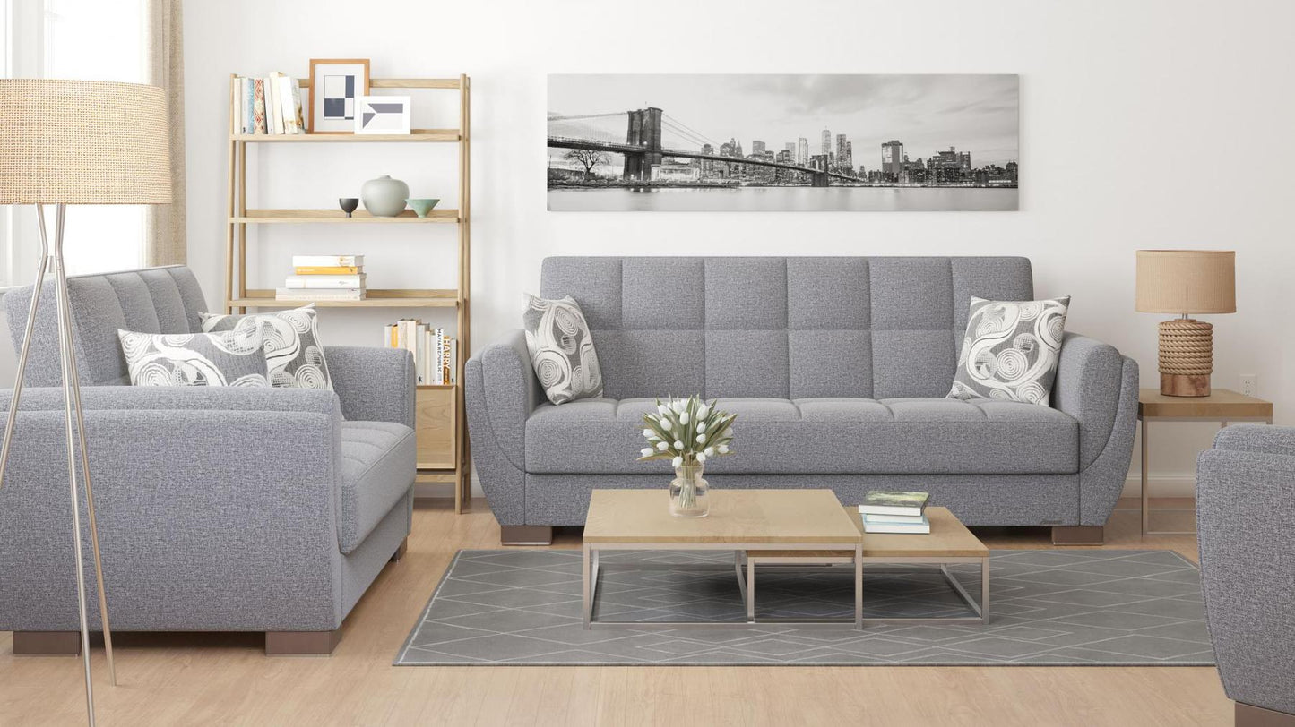 Modern design, Salt and Pepper Gray , Chenille upholstered convertible sleeper Sofabed with underseat storage from Voyage Shelter by Ottomanson in living room lifestyle setting with another piece of furniture. This Sofabed measures 94 inches width by 36 inches depth by 41 inches height.