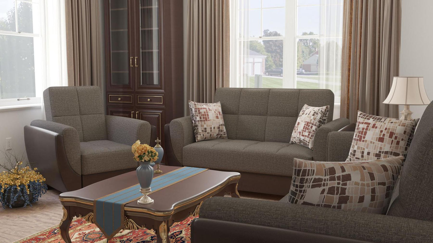 Modern design, Tannin Brown, Dark Brown , Chenille, Artificial Leather upholstered convertible Armchair with underseat storage from Voyage Shelter by Ottomanson in living room lifestyle setting with another piece of furniture. This Armchair measures 42 inches width by 36 inches depth by 41 inches height.