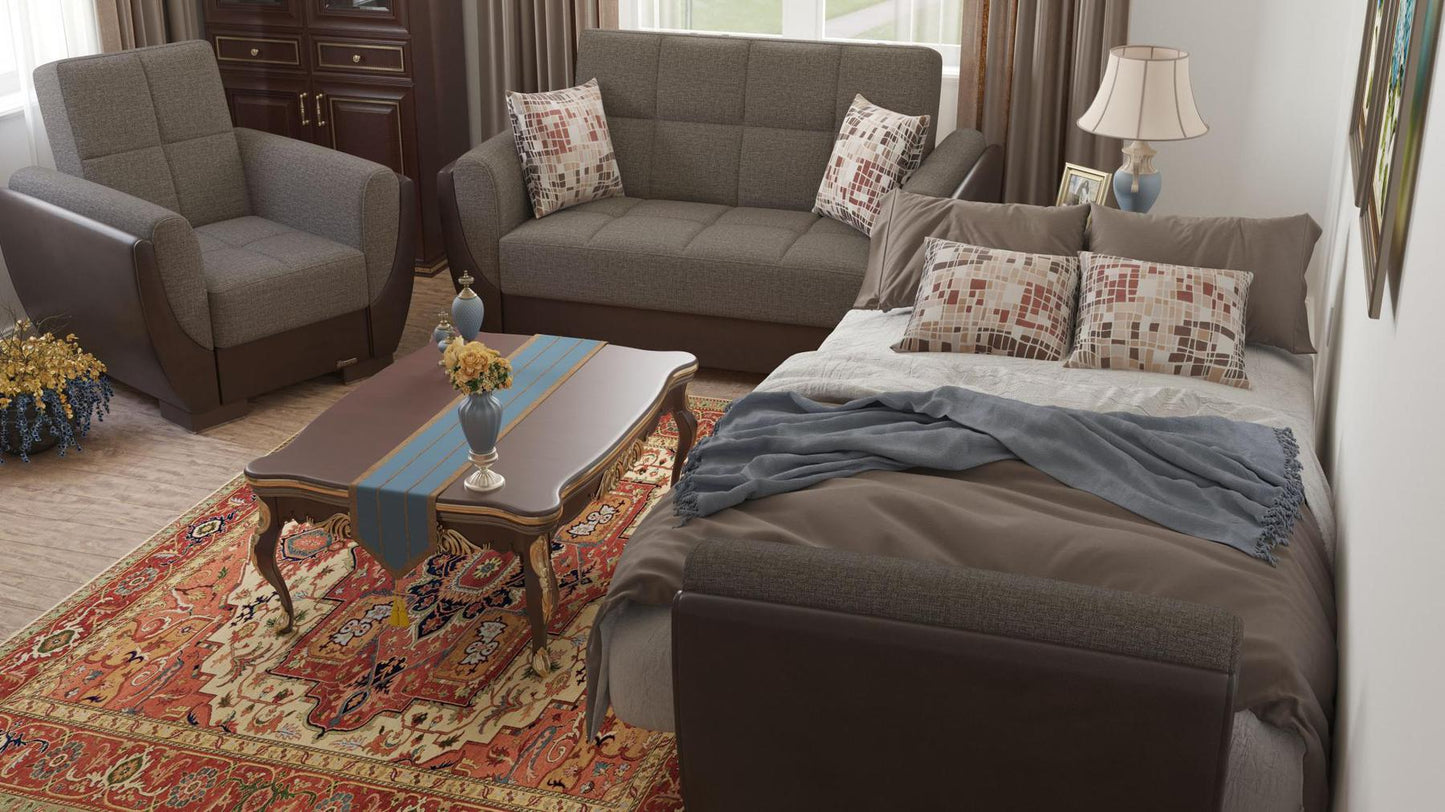 Modern design, Tannin Brown, Dark Brown , Chenille, Artificial Leather upholstered convertible Armchair with underseat storage from Voyage Shelter by Ottomanson in living room lifestyle setting converted to sleeper. This Armchair measures 42 inches width by 36 inches depth by 41 inches height.