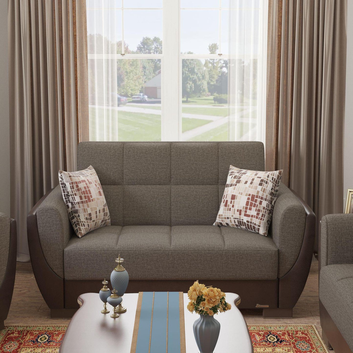 Modern design, Tannin Brown, Dark Brown , Chenille, Artificial Leather upholstered convertible sleeper Loveseat with underseat storage from Voyage Shelter by Ottomanson in living room lifestyle setting by itself. This Loveseat measures 71 inches width by 36 inches depth by 41 inches height.