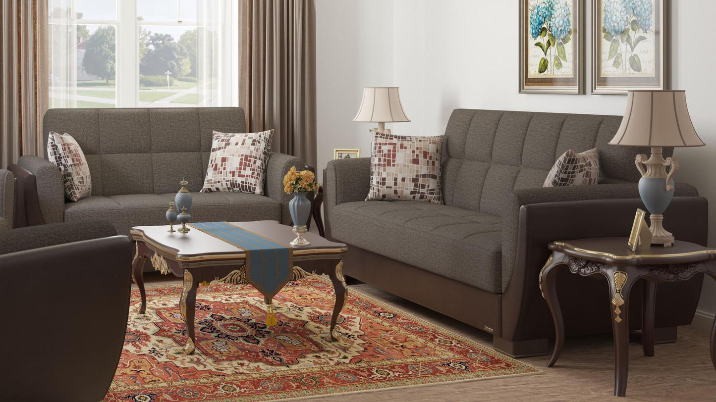 Modern design, Tannin Brown, Dark Brown , Chenille, Artificial Leather upholstered convertible sleeper Loveseat with underseat storage from Voyage Shelter by Ottomanson in living room lifestyle setting with another piece of furniture. This Loveseat measures 71 inches width by 36 inches depth by 41 inches height.