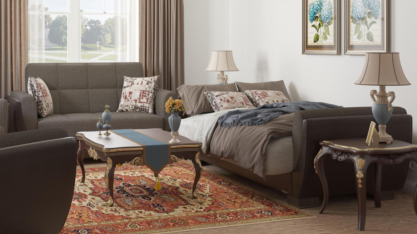 Modern design, Tannin Brown, Dark Brown , Chenille, Artificial Leather upholstered convertible sleeper Loveseat with underseat storage from Voyage Shelter by Ottomanson in living room lifestyle setting converted to sleeper. This Loveseat measures 71 inches width by 36 inches depth by 41 inches height.