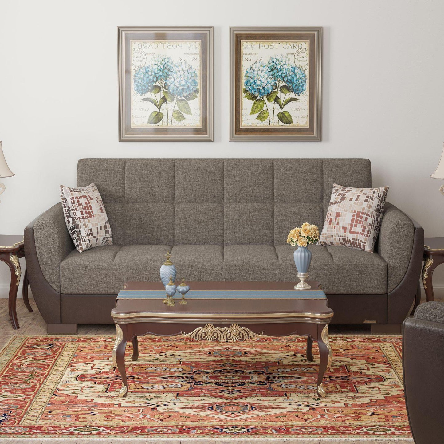 Modern design, Tannin Brown, Dark Brown , Chenille, Artificial Leather upholstered convertible sleeper Sofabed with underseat storage from Voyage Shelter by Ottomanson in living room lifestyle setting by itself. This Sofabed measures 94 inches width by 36 inches depth by 41 inches height.