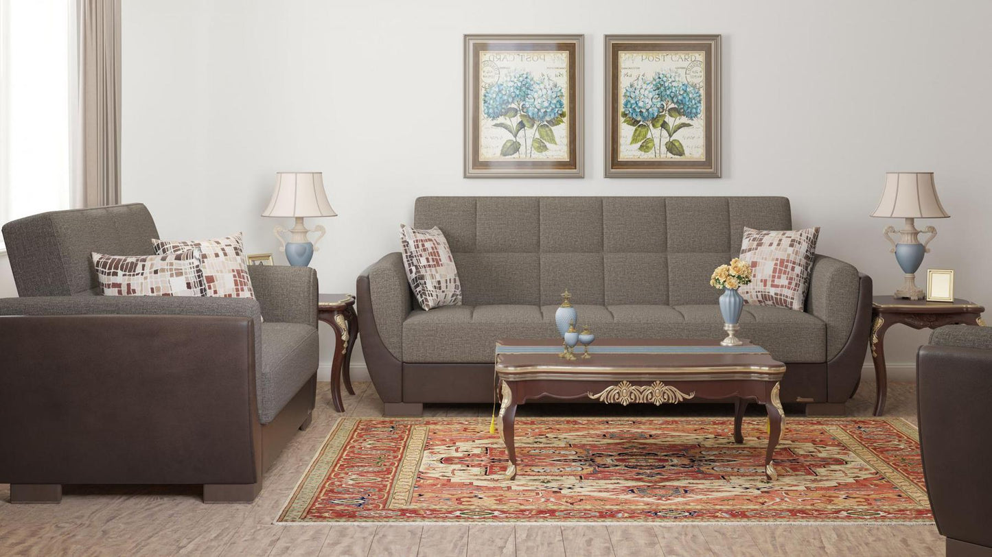 Modern design, Tannin Brown, Dark Brown , Chenille, Artificial Leather upholstered convertible sleeper Sofabed with underseat storage from Voyage Shelter by Ottomanson in living room lifestyle setting with another piece of furniture. This Sofabed measures 94 inches width by 36 inches depth by 41 inches height.