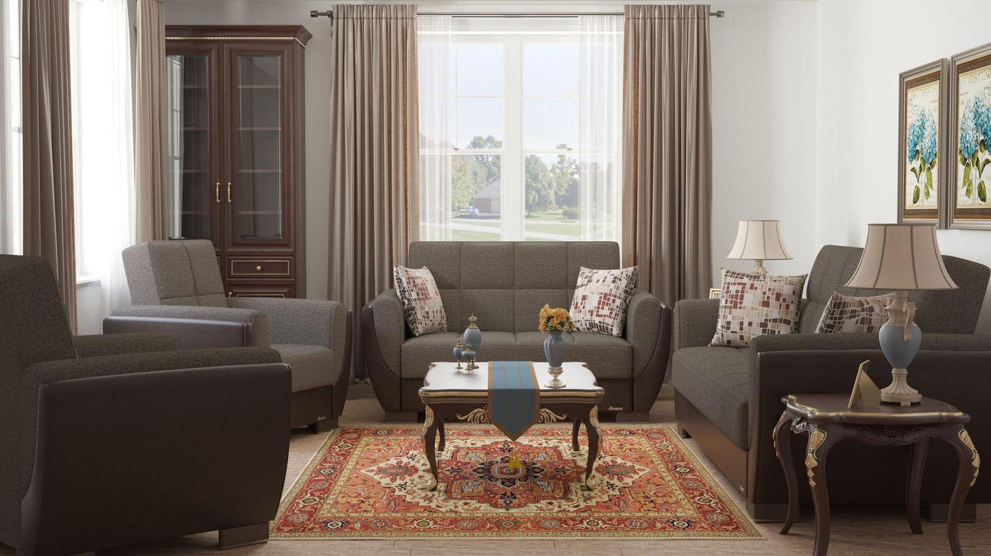 Modern design, Tannin Brown, Dark Brown , Chenille, Artificial Leather upholstered convertible sleeper Sofabed with underseat storage from Voyage Shelter by Ottomanson in living room lifestyle setting with the matching furniture set. This Sofabed measures 94 inches width by 36 inches depth by 41 inches height.