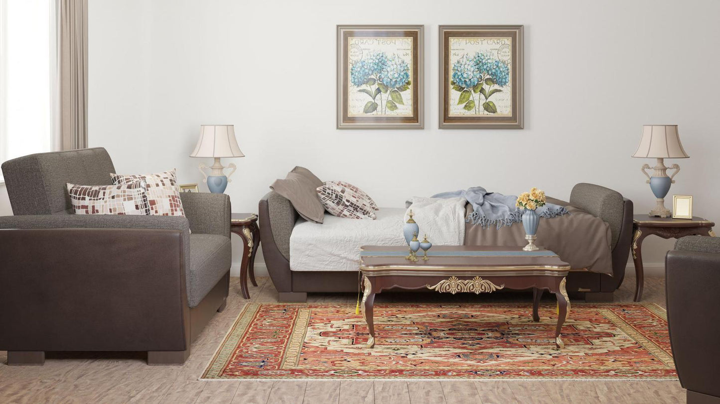 Modern design, Tannin Brown, Dark Brown , Chenille, Artificial Leather upholstered convertible sleeper Sofabed with underseat storage from Voyage Shelter by Ottomanson in living room lifestyle setting converted to sleeper. This Sofabed measures 94 inches width by 36 inches depth by 41 inches height.