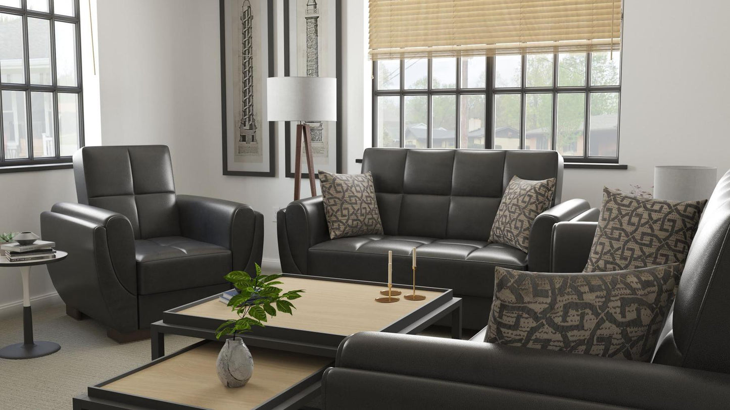 Modern design, Black , Artificial Leather upholstered convertible Armchair with underseat storage from Voyage Shelter by Ottomanson in living room lifestyle setting with another piece of furniture. This Armchair measures 42 inches width by 36 inches depth by 41 inches height.