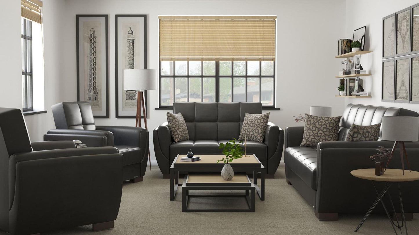 Modern design, Black , Artificial Leather upholstered convertible Armchair with underseat storage from Voyage Shelter by Ottomanson in living room lifestyle setting with the matching furniture set. This Armchair measures 42 inches width by 36 inches depth by 41 inches height.