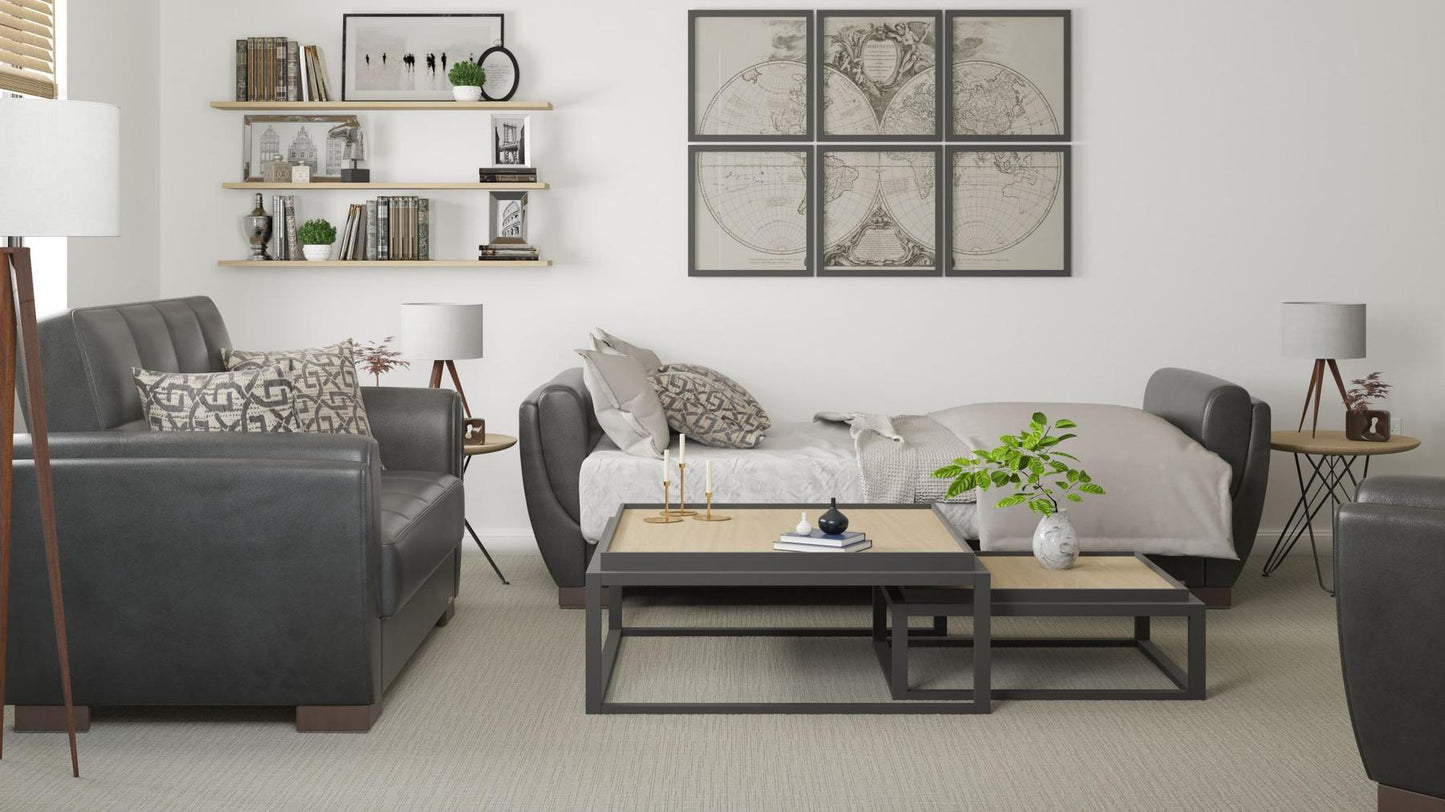 Modern design, Black , Artificial Leather upholstered convertible sleeper Sofabed with underseat storage from Voyage Shelter by Ottomanson in living room lifestyle setting converted to sleeper. This Sofabed measures 94 inches width by 36 inches depth by 41 inches height.