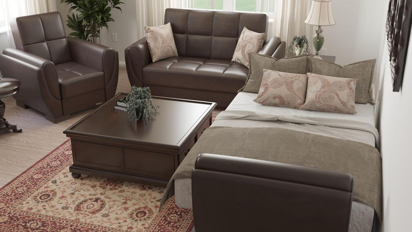 Modern design, Dark Brown , Artificial Leather upholstered convertible Armchair with underseat storage from Voyage Shelter by Ottomanson in living room lifestyle setting converted to sleeper. This Armchair measures 42 inches width by 36 inches depth by 41 inches height.