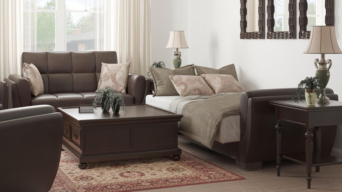 Modern design, Dark Brown , Artificial Leather upholstered convertible sleeper Loveseat with underseat storage from Voyage Shelter by Ottomanson in living room lifestyle setting converted to sleeper. This Loveseat measures 71 inches width by 36 inches depth by 41 inches height.