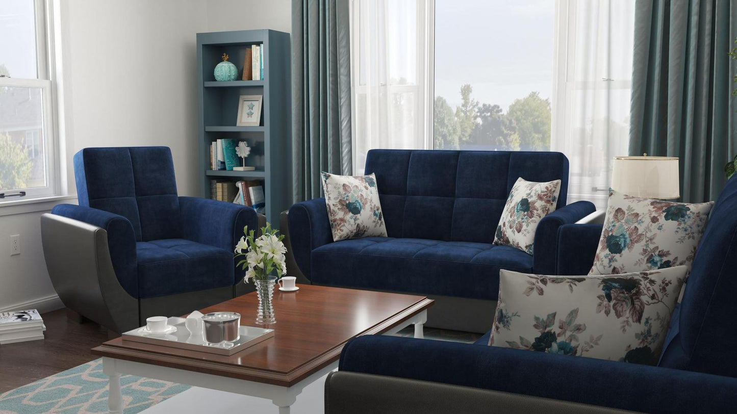 Modern design, Snorkel Blue, Black , Microfiber, Artificial Leather upholstered convertible Armchair with underseat storage from Voyage Shelter by Ottomanson in living room lifestyle setting with another piece of furniture. This Armchair measures 42 inches width by 36 inches depth by 41 inches height.