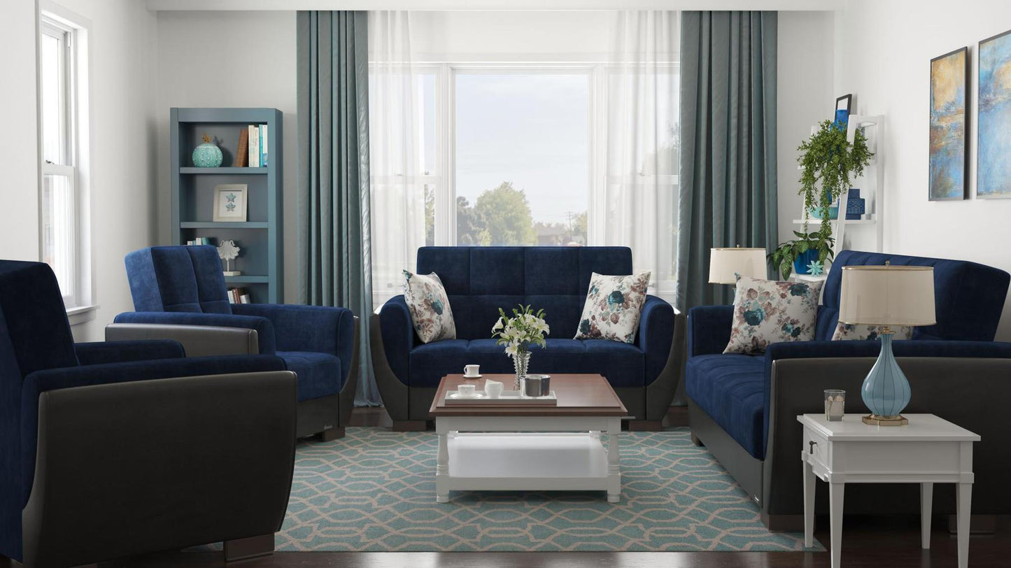 Modern design, Snorkel Blue, Black , Microfiber, Artificial Leather upholstered convertible Armchair with underseat storage from Voyage Shelter by Ottomanson in living room lifestyle setting with the matching furniture set. This Armchair measures 42 inches width by 36 inches depth by 41 inches height.