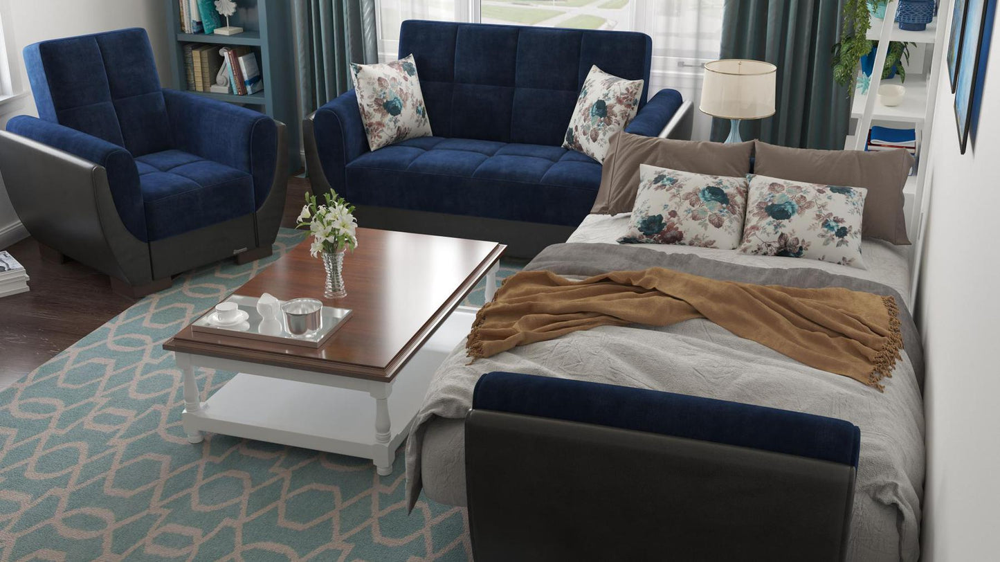 Modern design, Snorkel Blue, Black , Microfiber, Artificial Leather upholstered convertible Armchair with underseat storage from Voyage Shelter by Ottomanson in living room lifestyle setting converted to sleeper. This Armchair measures 42 inches width by 36 inches depth by 41 inches height.
