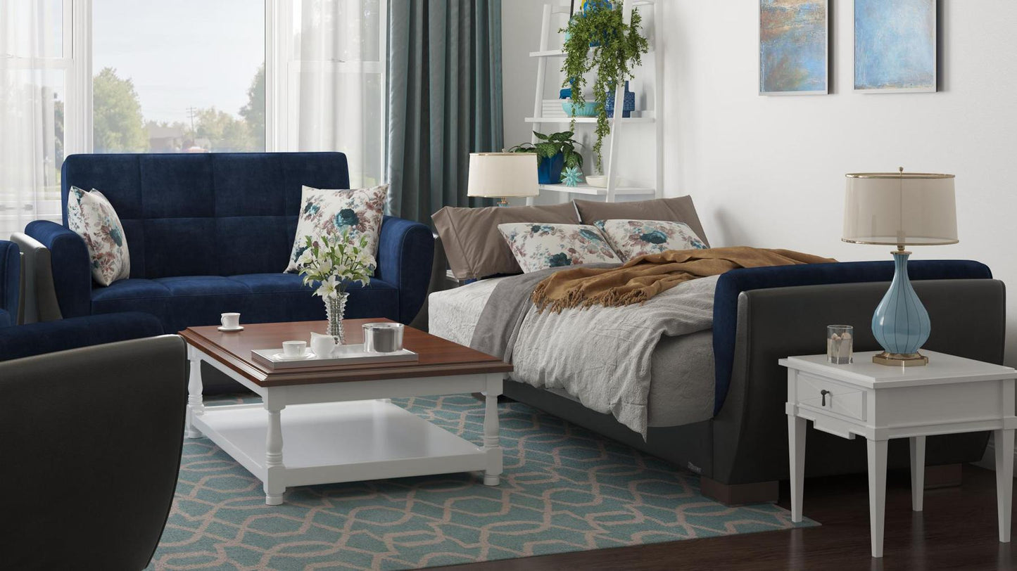 Modern design, Snorkel Blue, Black , Microfiber, Artificial Leather upholstered convertible sleeper Loveseat with underseat storage from Voyage Shelter by Ottomanson in living room lifestyle setting converted to sleeper. This Loveseat measures 71 inches width by 36 inches depth by 41 inches height.