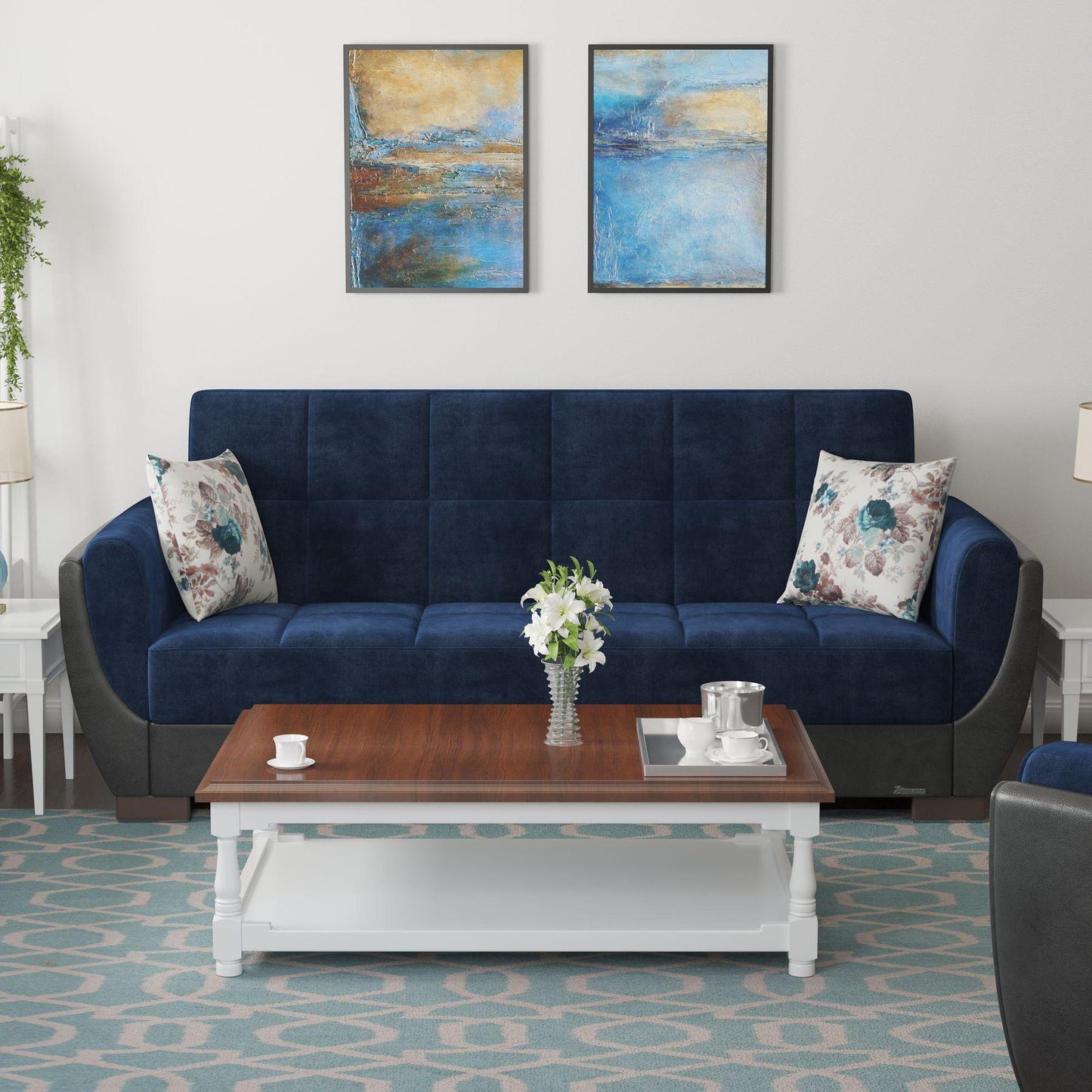 Modern design, Snorkel Blue, Black , Microfiber, Artificial Leather upholstered convertible sleeper Sofabed with underseat storage from Voyage Shelter by Ottomanson in living room lifestyle setting by itself. This Sofabed measures 94 inches width by 36 inches depth by 41 inches height.