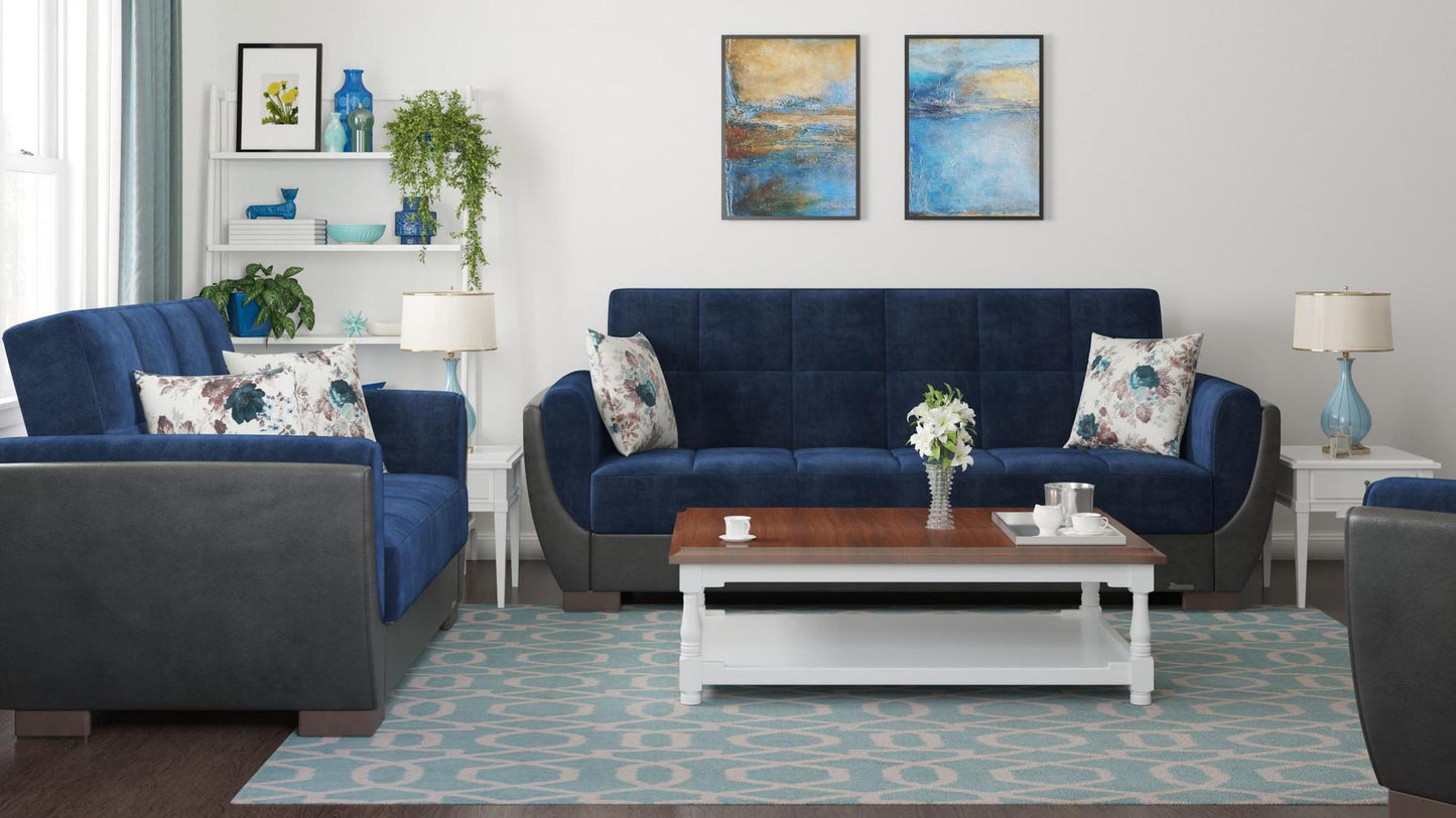 Modern design, Snorkel Blue, Black , Microfiber, Artificial Leather upholstered convertible sleeper Sofabed with underseat storage from Voyage Shelter by Ottomanson in living room lifestyle setting with another piece of furniture. This Sofabed measures 94 inches width by 36 inches depth by 41 inches height.
