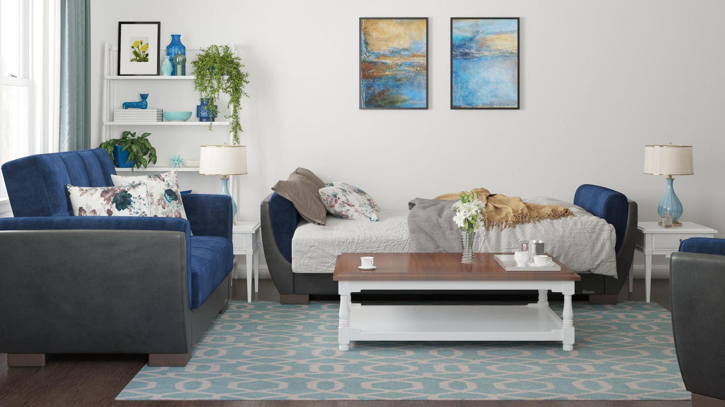 Modern design, Snorkel Blue, Black , Microfiber, Artificial Leather upholstered convertible sleeper Sofabed with underseat storage from Voyage Shelter by Ottomanson in living room lifestyle setting converted to sleeper. This Sofabed measures 94 inches width by 36 inches depth by 41 inches height.