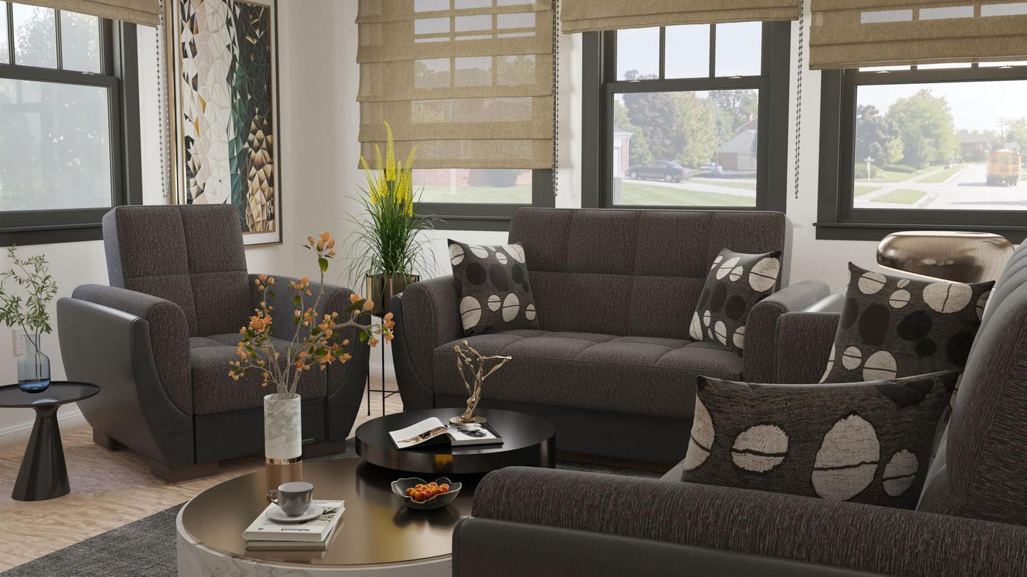 Modern design, Dark Slate Gray, Black , Chenille, Artificial Leather upholstered convertible Armchair with underseat storage from Voyage Shelter by Ottomanson in living room lifestyle setting with another piece of furniture. This Armchair measures 42 inches width by 36 inches depth by 41 inches height.