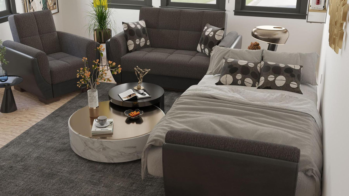 Modern design, Dark Slate Gray, Black , Chenille, Artificial Leather upholstered convertible Armchair with underseat storage from Voyage Shelter by Ottomanson in living room lifestyle setting converted to sleeper. This Armchair measures 42 inches width by 36 inches depth by 41 inches height.