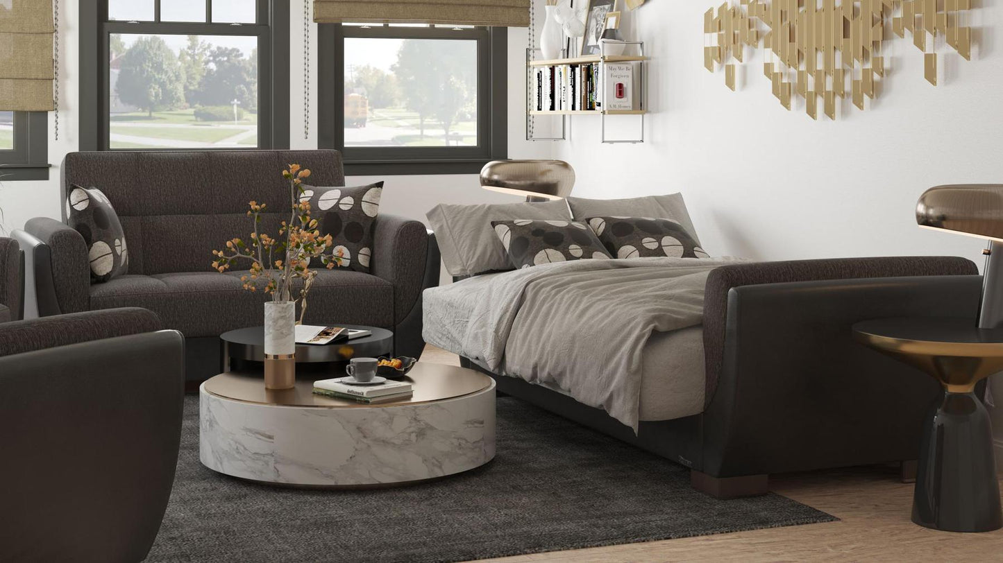 Modern design, Dark Slate Gray, Black , Chenille, Artificial Leather upholstered convertible sleeper Loveseat with underseat storage from Voyage Shelter by Ottomanson in living room lifestyle setting converted to sleeper. This Loveseat measures 71 inches width by 36 inches depth by 41 inches height.
