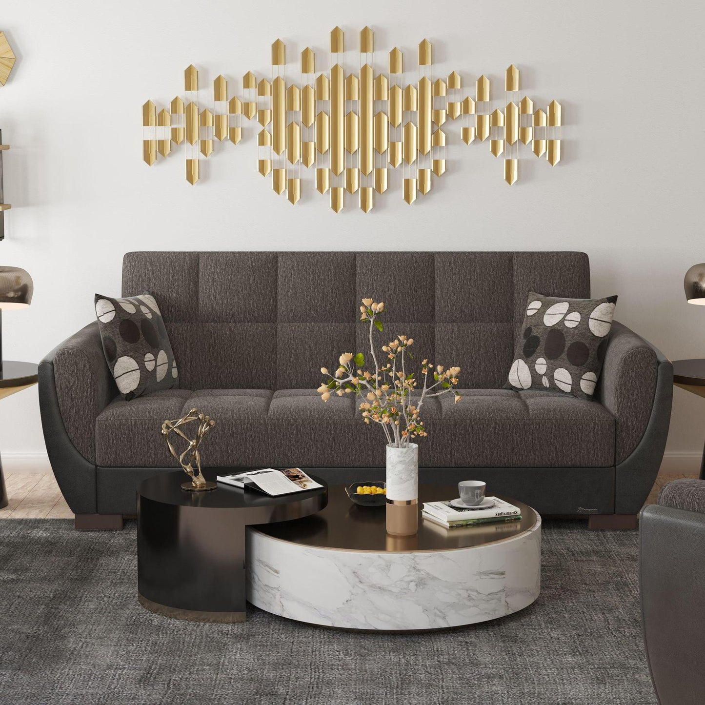 Modern design, Dark Slate Gray, Black , Chenille, Artificial Leather upholstered convertible sleeper Sofabed with underseat storage from Voyage Shelter by Ottomanson in living room lifestyle setting by itself. This Sofabed measures 94 inches width by 36 inches depth by 41 inches height.