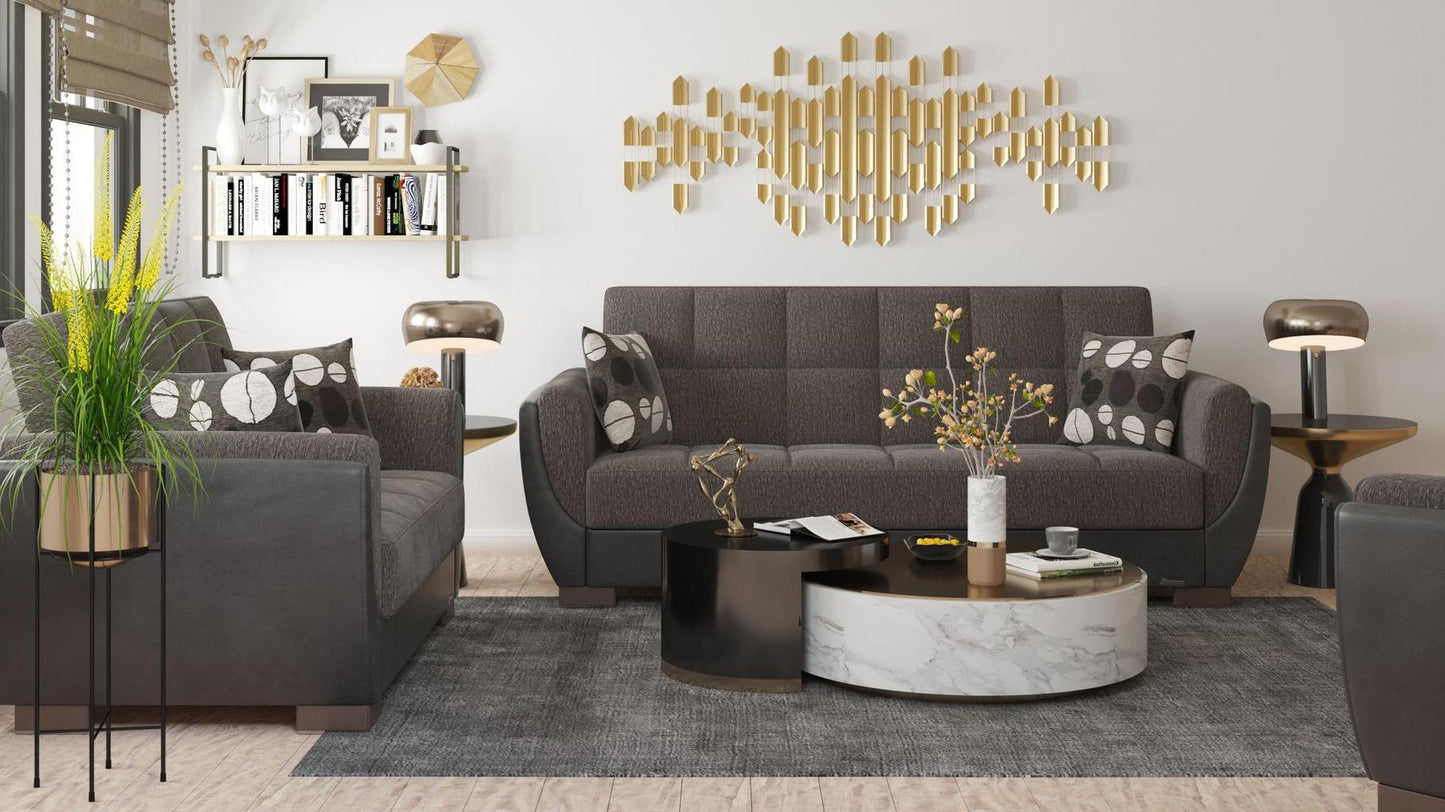 Modern design, Dark Slate Gray, Black , Chenille, Artificial Leather upholstered convertible sleeper Sofabed with underseat storage from Voyage Shelter by Ottomanson in living room lifestyle setting with another piece of furniture. This Sofabed measures 94 inches width by 36 inches depth by 41 inches height.
