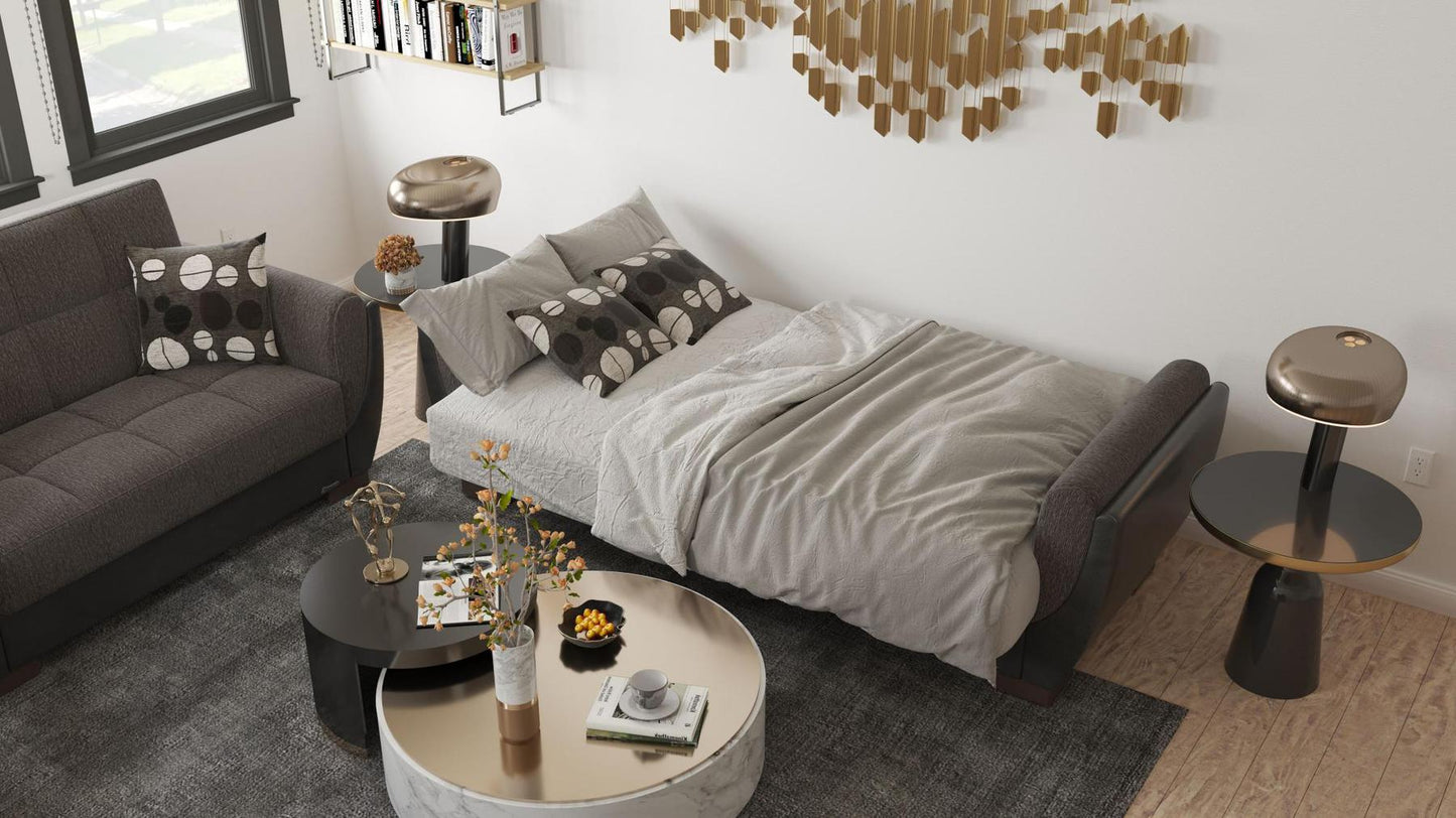 Modern design, Dark Slate Gray, Black , Chenille, Artificial Leather upholstered convertible sleeper Sofabed with underseat storage from Voyage Shelter by Ottomanson in living room lifestyle setting converted to sleeper. This Sofabed measures 94 inches width by 36 inches depth by 41 inches height.