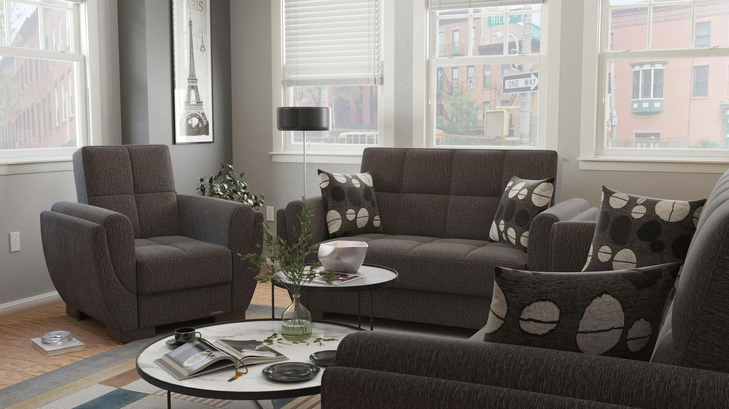 Modern design, Dark Slate Gray , Chenille upholstered convertible Armchair with underseat storage from Voyage Shelter by Ottomanson in living room lifestyle setting with another piece of furniture. This Armchair measures 42 inches width by 36 inches depth by 41 inches height.